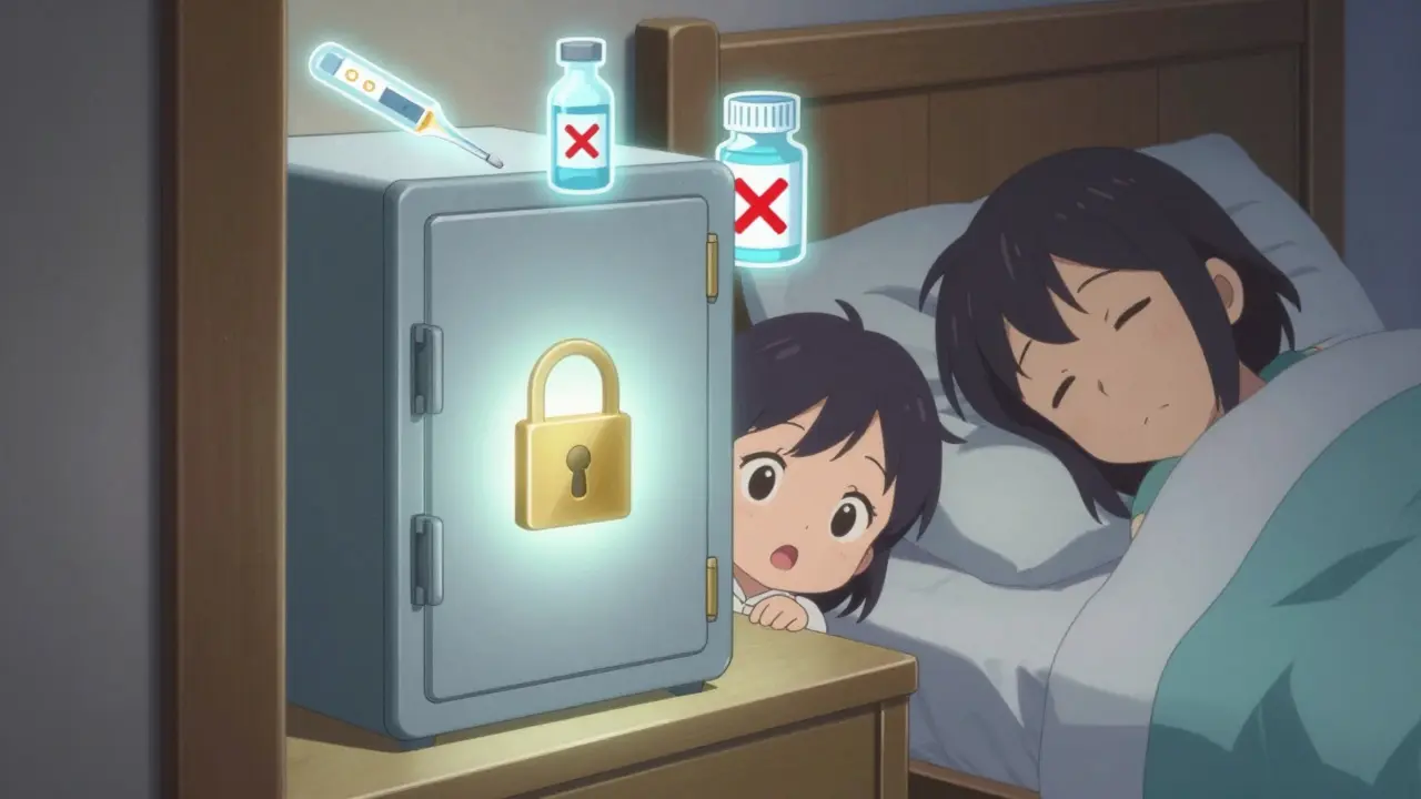 Ein verschlossener Medikamentensafe in einem Schlafzimmer, während ein Kind neugierig an der Tür lauscht.