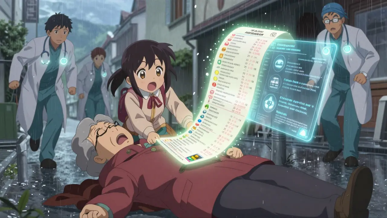 Eine ältere Frau stürzt in der Straße, während ihre Enkelin eine magisch leuchtende mehrsprachige Medikamentenliste hervorzieht.