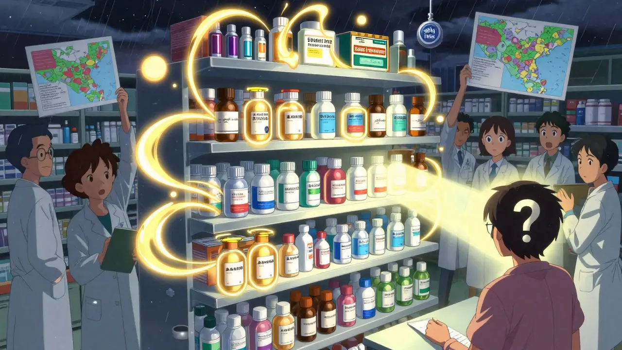 Eine Apotheke mit durcheinandergebrachten Biosimilaren, einige glühend, andere dunkel, unter wechselnden Bundesstaatsregeln.