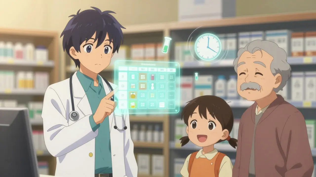 Eine Apothekerin zeigt einem Patienten eine leuchtende wöchentliche Einnahmefrequenz auf einem Etikett.