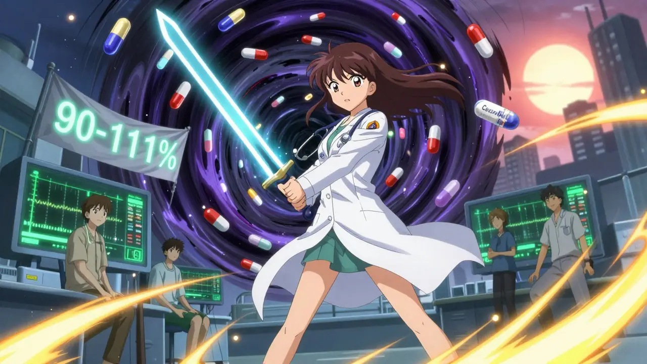 Eine Ärztin mit magischem Stethoskop kämpft gegen einen Wirbel aus Generika, während Patienten leuchten.