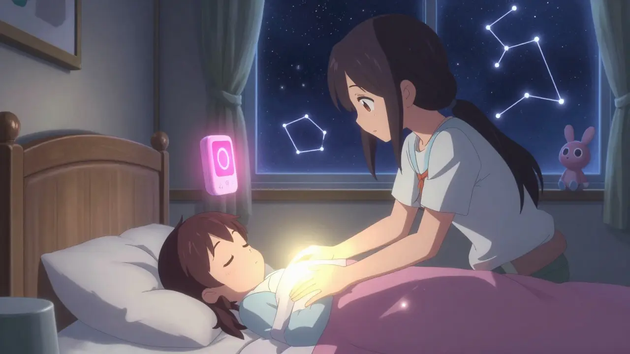 Eine Familie führt einen schlafwandelnden Kind sanft zurück ins Bett, während der Raum frei von Hindernissen ist.