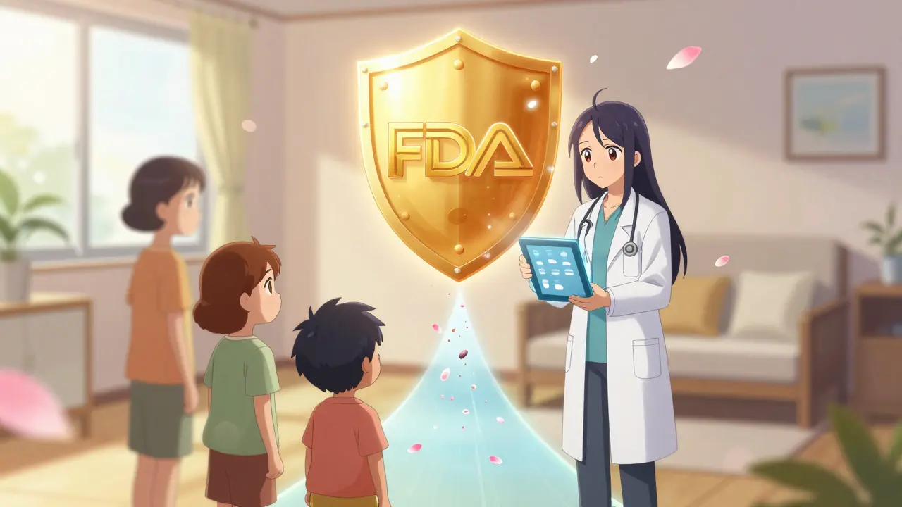 Eine Familie wird von einem schützenden FDA-Schild umgeben, während eine alte Warnung in Blütenblätter verwandelt wird.