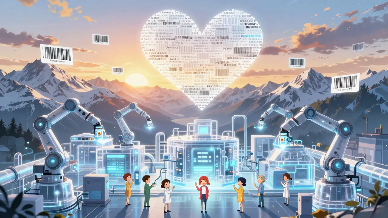 Eine futuristische Fabrik in den Alpen produziert Biosimilare, während Patienten mit stolzen Gesichtern zusehen.