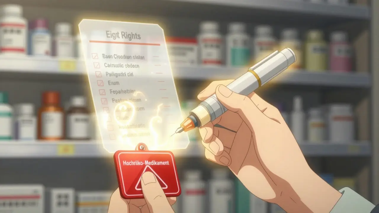 Eine Hand legt vorsichtig ein Insulin-Pen neben einem leuchtenden Warnsymbol, während magische Checklisten schweben.