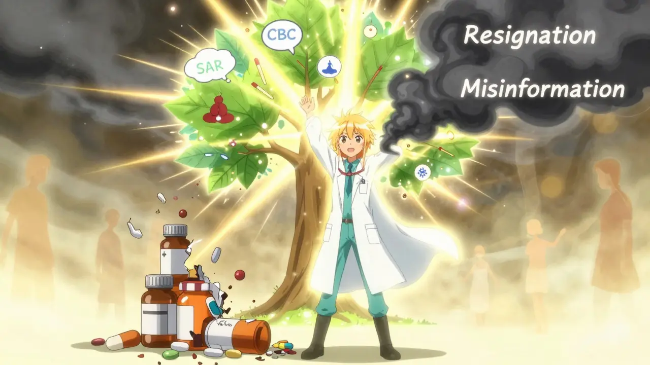 Eine Heldin mit medizinischem Umhang kämpft gegen giftigen Rauch und bringt Licht durch alternative Therapien.