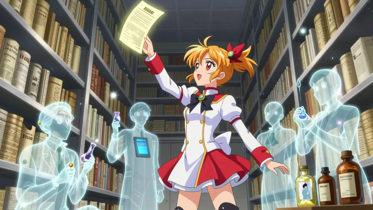 Eine Heldin zieht eine historische Warnung aus einem Lichtregal, umgeben von Geistern berühmter Forscher.