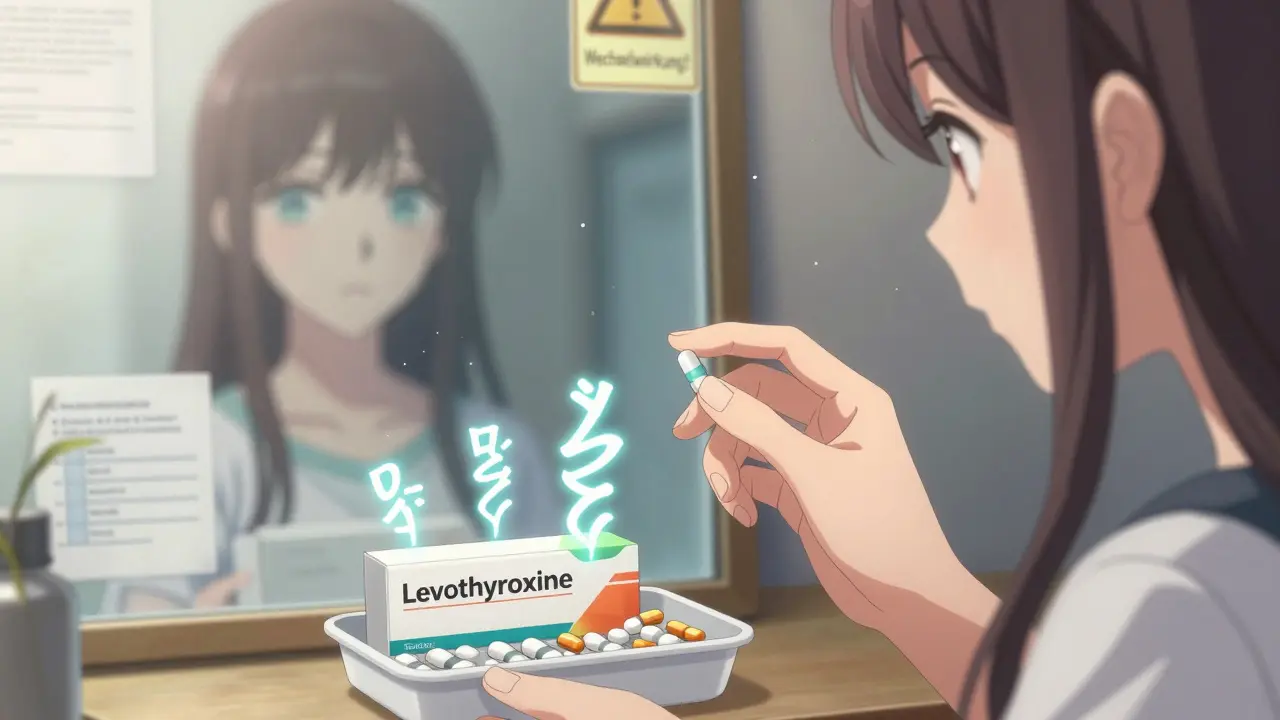 Eine junge Frau hält eine Kräuterkapsel neben ihren verschreibungspflichtigen Medikamenten, Warnsymbole schweben darüber.