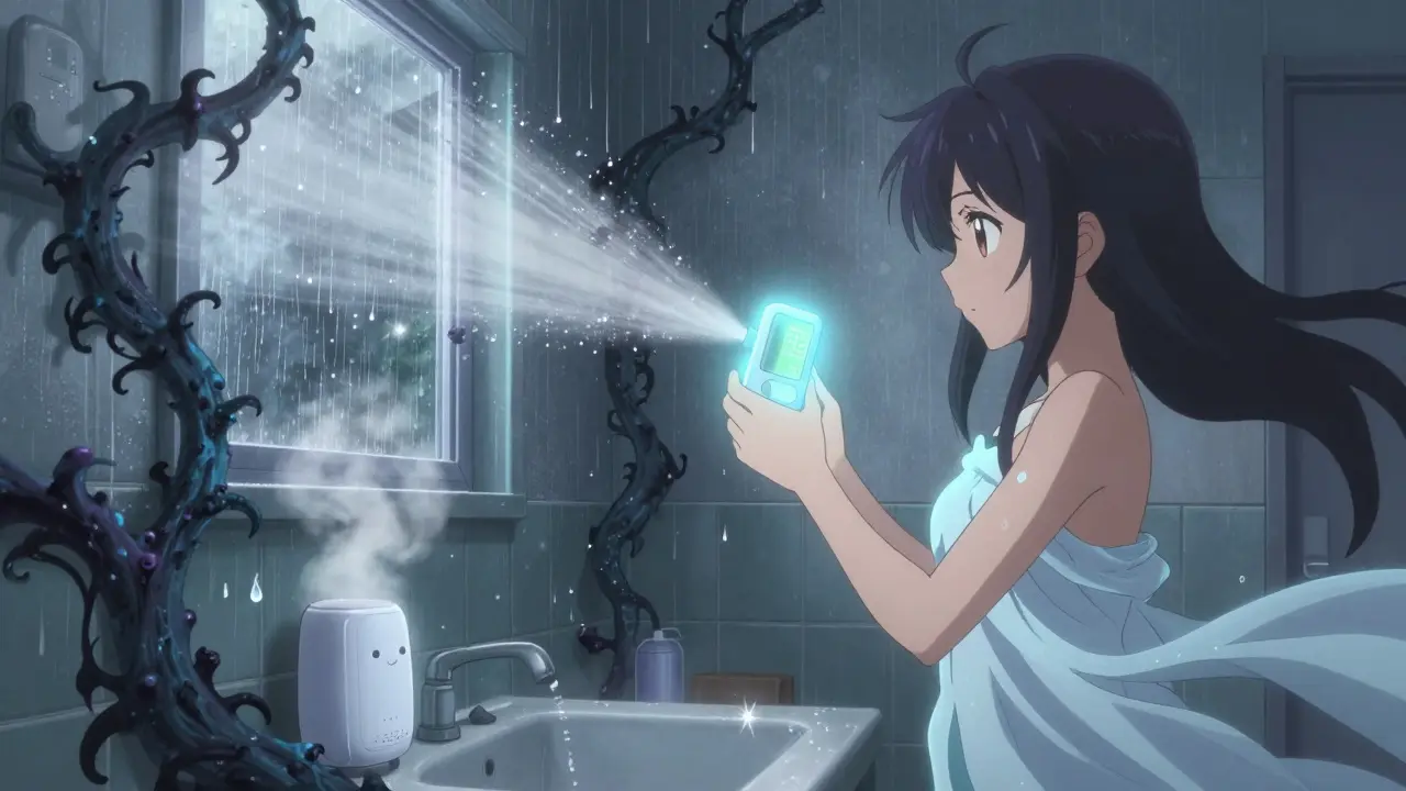 Eine junge Person mit einem Hygrometer, das Schimmel in der Badezimmerwand mit einem magischen Essignebel vertreibt.