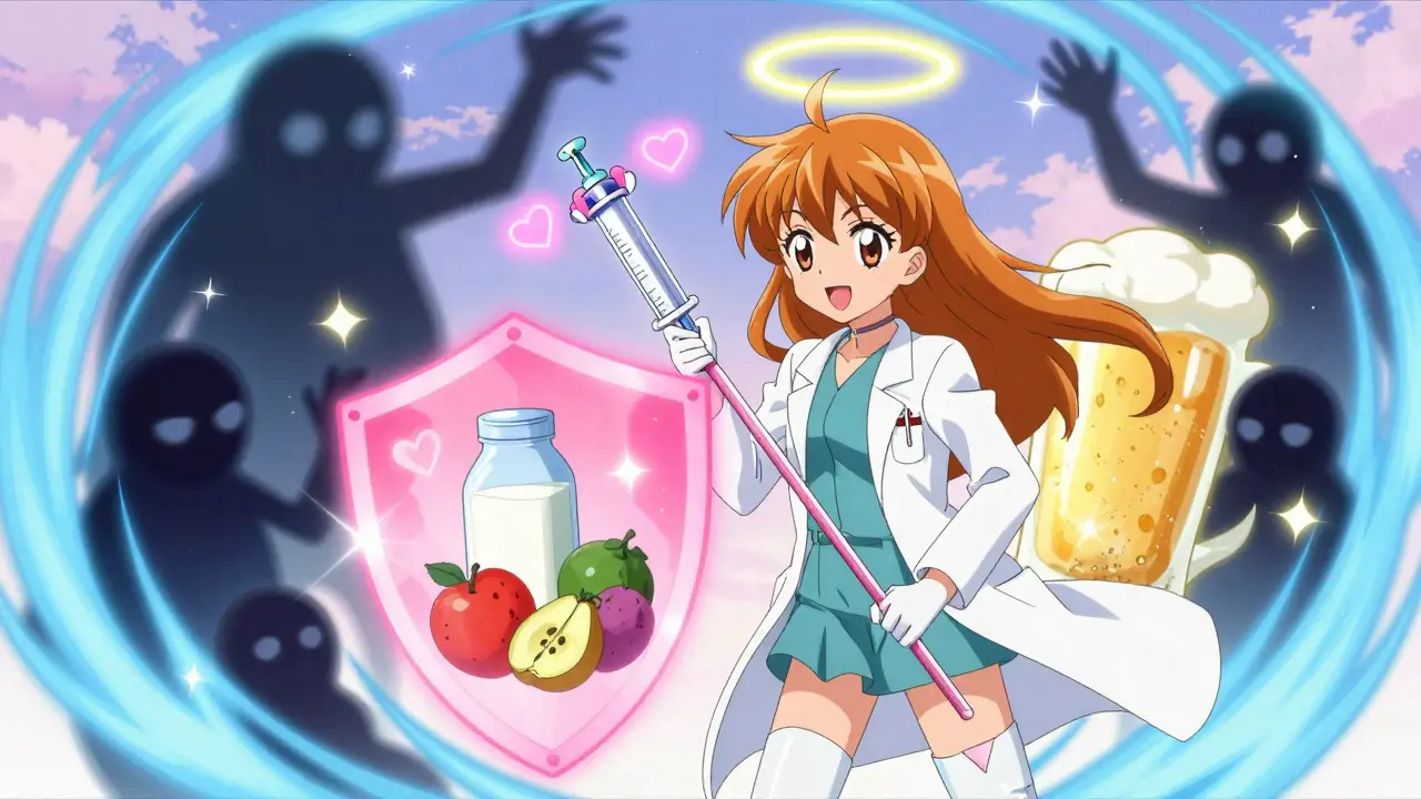 Eine magische Ärztin schützt sichere Lebensmittel mit einem Lichtschild vor dunklen, verbotenen Lebensmitteln.