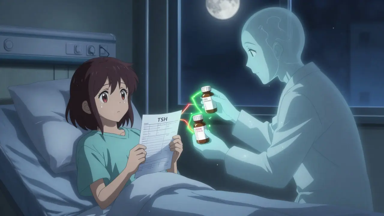 Eine Patientin betrachtet einen Bluttest mit erhöhtem TSH-Wert, während geisterhafte Pillenflaschen schweben.