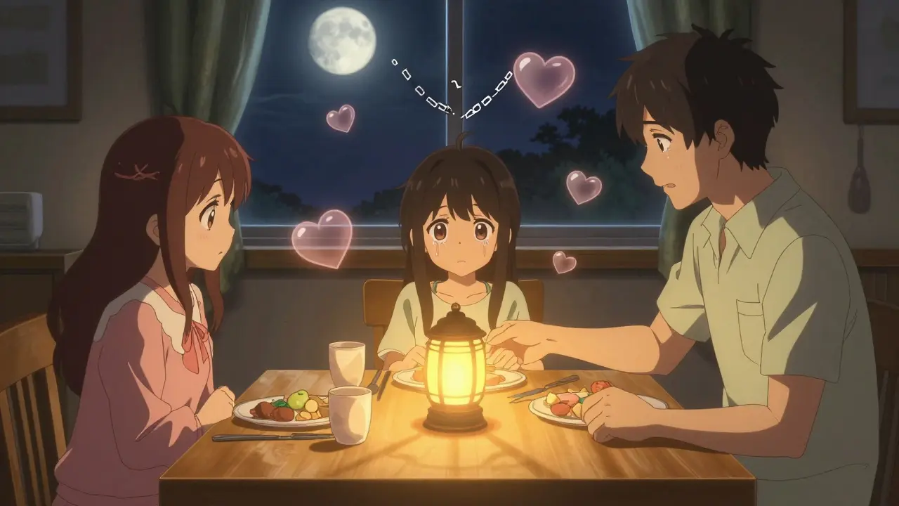 Familie beim Abendessen, Eltern reichen Essen, Teenager blickt weinend weg, warmes Licht umgibt sie.