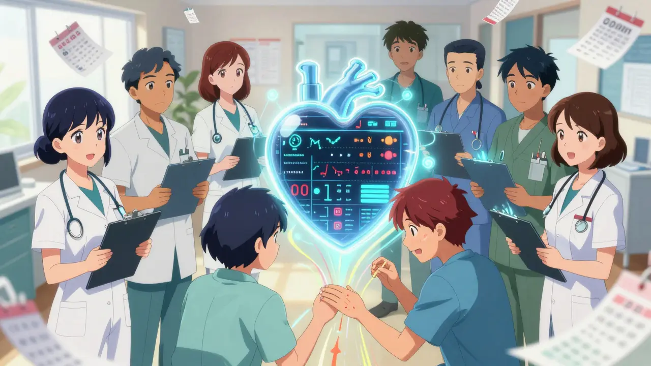 Gesundheitspersonal überwacht Patientendaten mit glowing Tools, ein Patient wird auf Zittern untersucht.