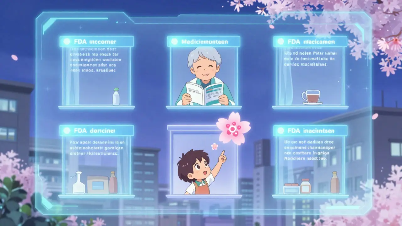 Holografische FDA-Warnungen schweben über einer Stadt, Patient liest Anleitung im Fenster.