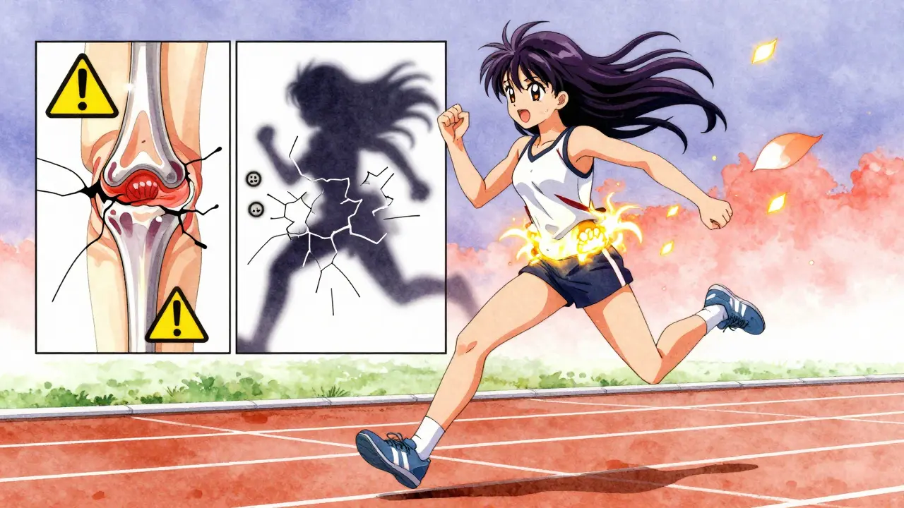 Läuferin springt mit geheilter Hüfte, hinter ihr ein Kontrast aus Verletzung und Heilung.