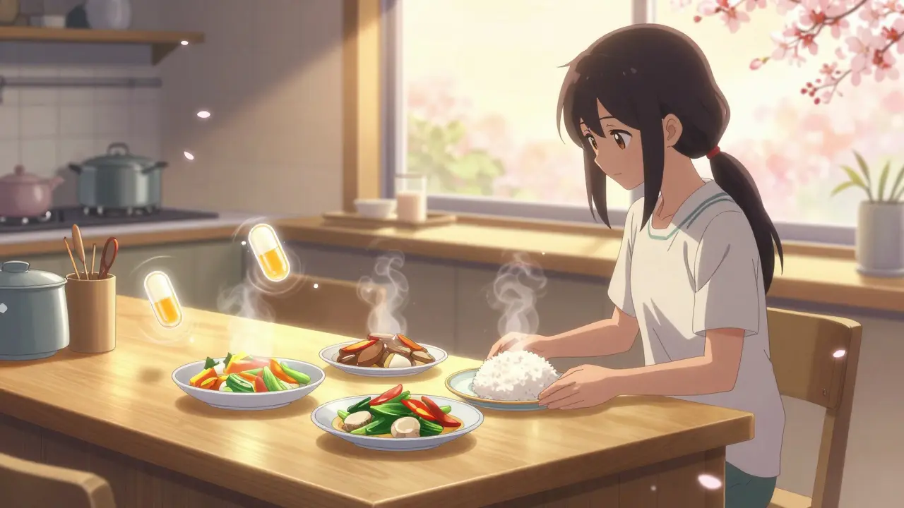 Patient bereitet kleine, gesunde Mahlzeiten mit Kokosöl und Enzymkapseln zu