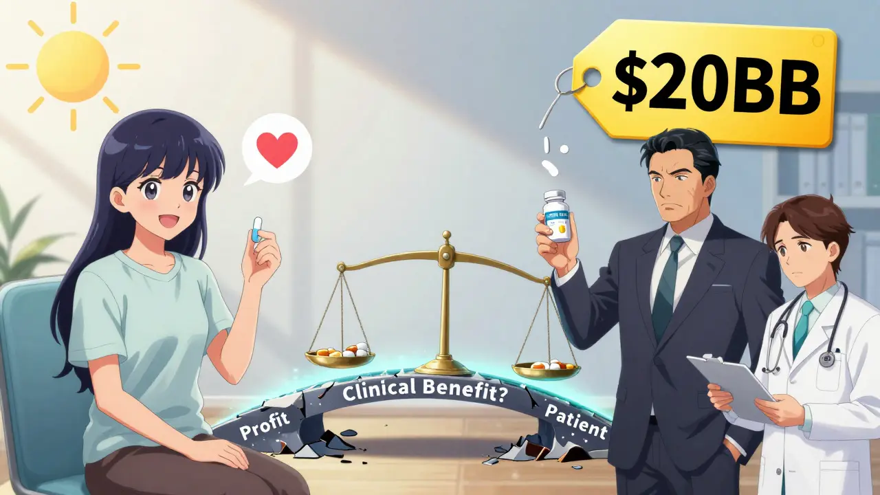 Patient mit billiger Tablette vs. Manager mit teurem Medikament — zwischen ihnen bricht eine Brücke.