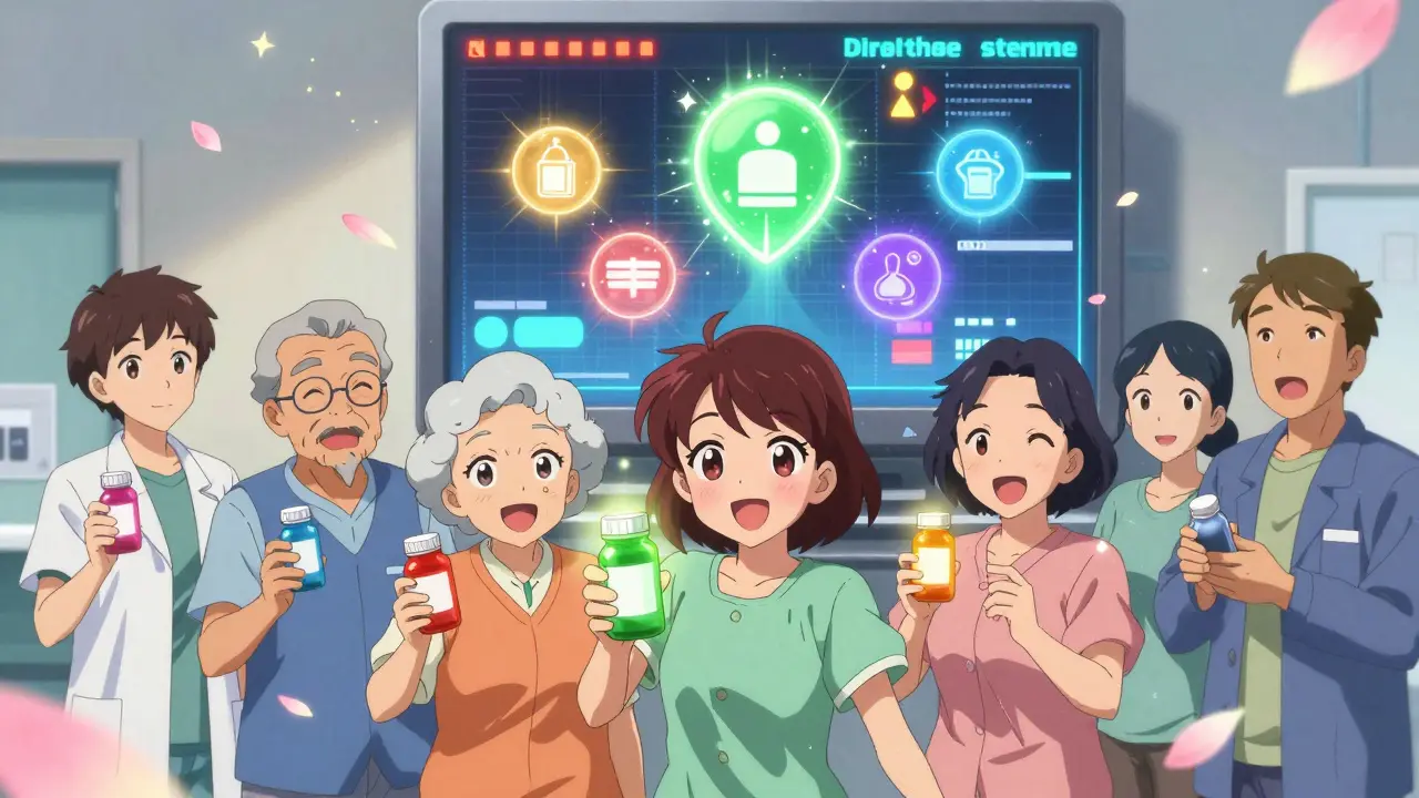 Patienten halten leuchtende Medikamentenflaschen, während digitale Symbole ihre Sicherheit gewährleisten.