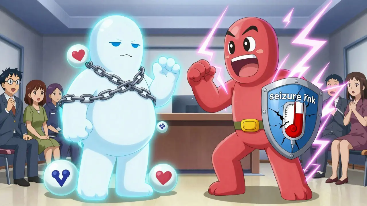 Two pill giants in battle: one burdened by sexual and weight issues, the other energetic but with a cracked seizure shield.