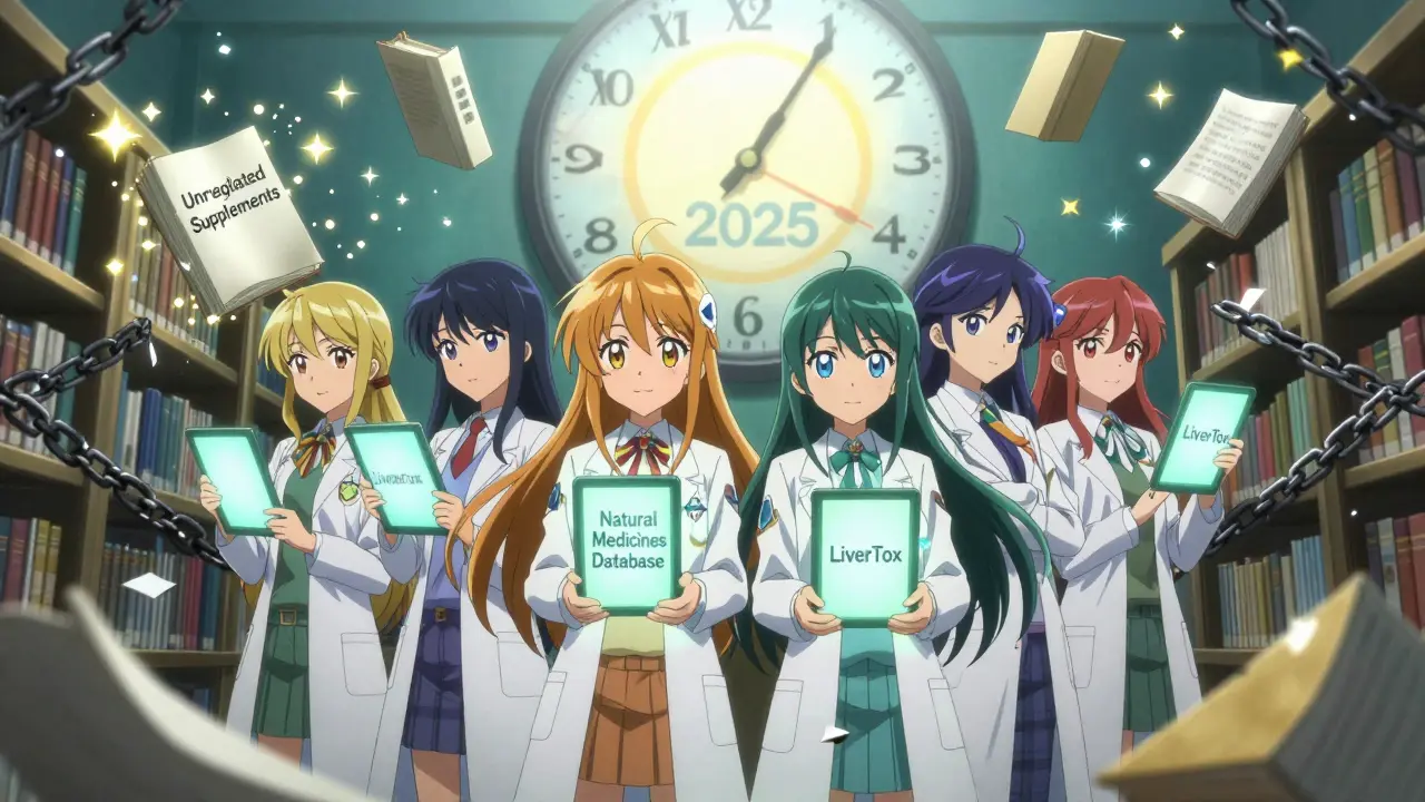 Vier Heldeninnen in Laborkitteln nutzen vertrauenswürdige Datenbanken, um gefährliche Wechselwirkungen zu bekämpfen.