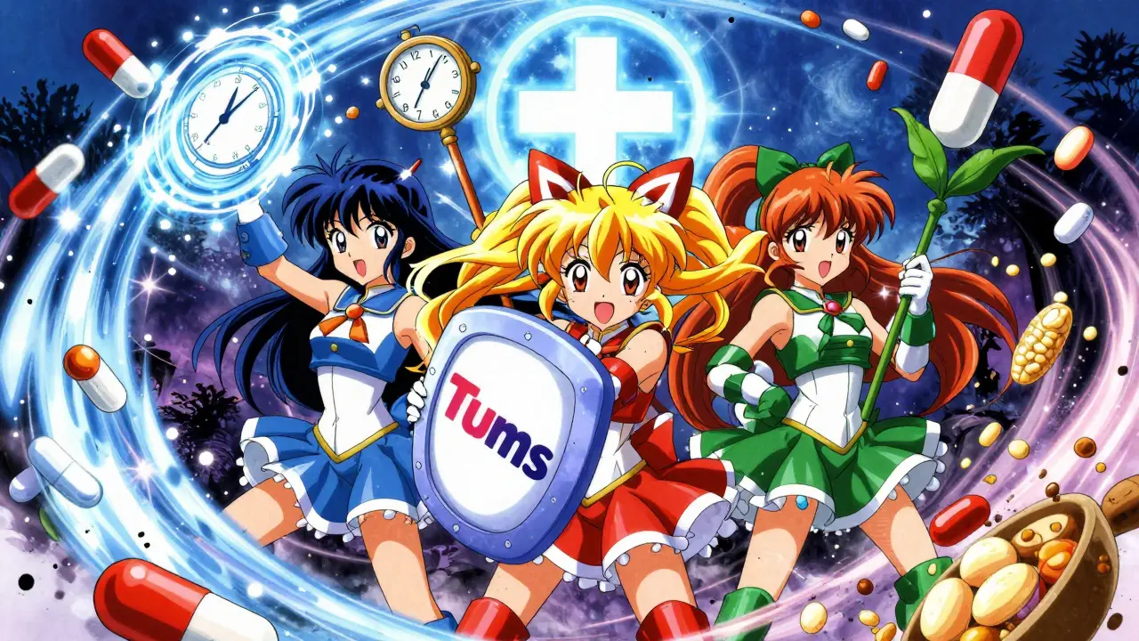 Drei magische Mädchen-Heilerinnen bekämpfen gefährliche Medikamente mit Tums, H2-Blocker und Lebensstil-Magie, in dynamischer Anime-Kampfszene.