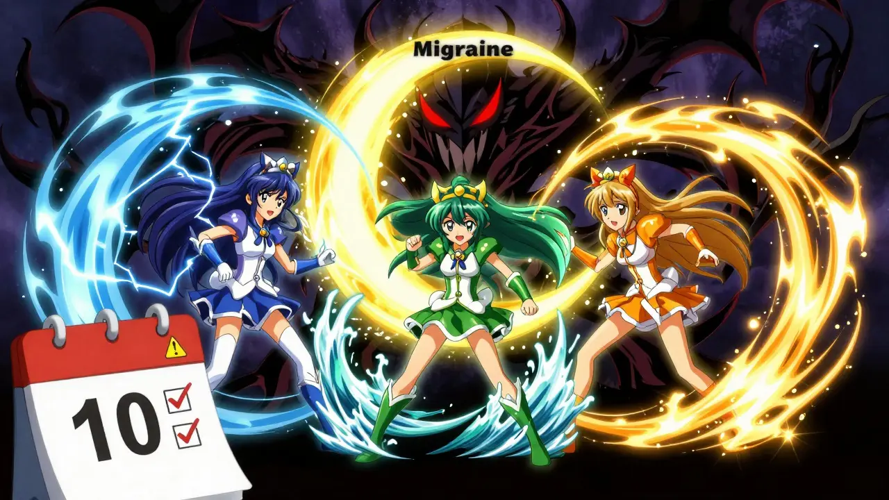 Drei Medikamente als Helden vereint gegen einen Migräne-Monster, mit Kalender und Warnsymbol.