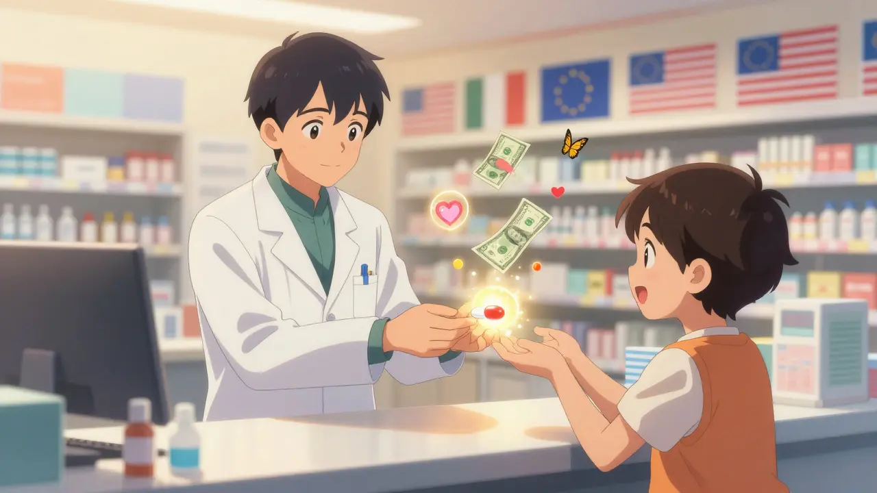 Ein Apotheker reicht einem Kind eine billige Generika-Pille, während Geld in Schmetterlinge verwandelt wird.