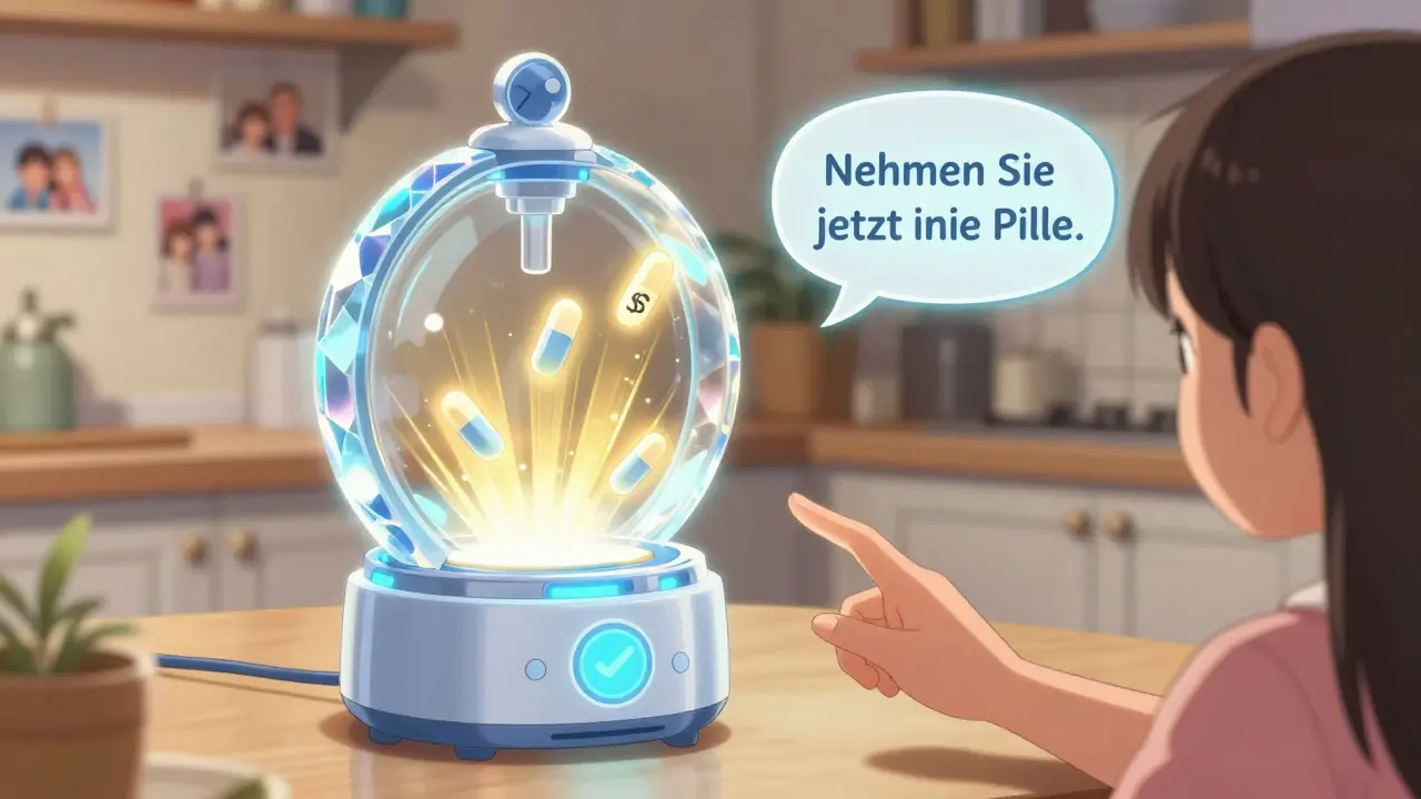 Ein intelligenter Pillendispenser verteilt drei Pillen in sanftem Licht, während eine Hand sie bestätigt, in einer warmen Küchenumgebung.