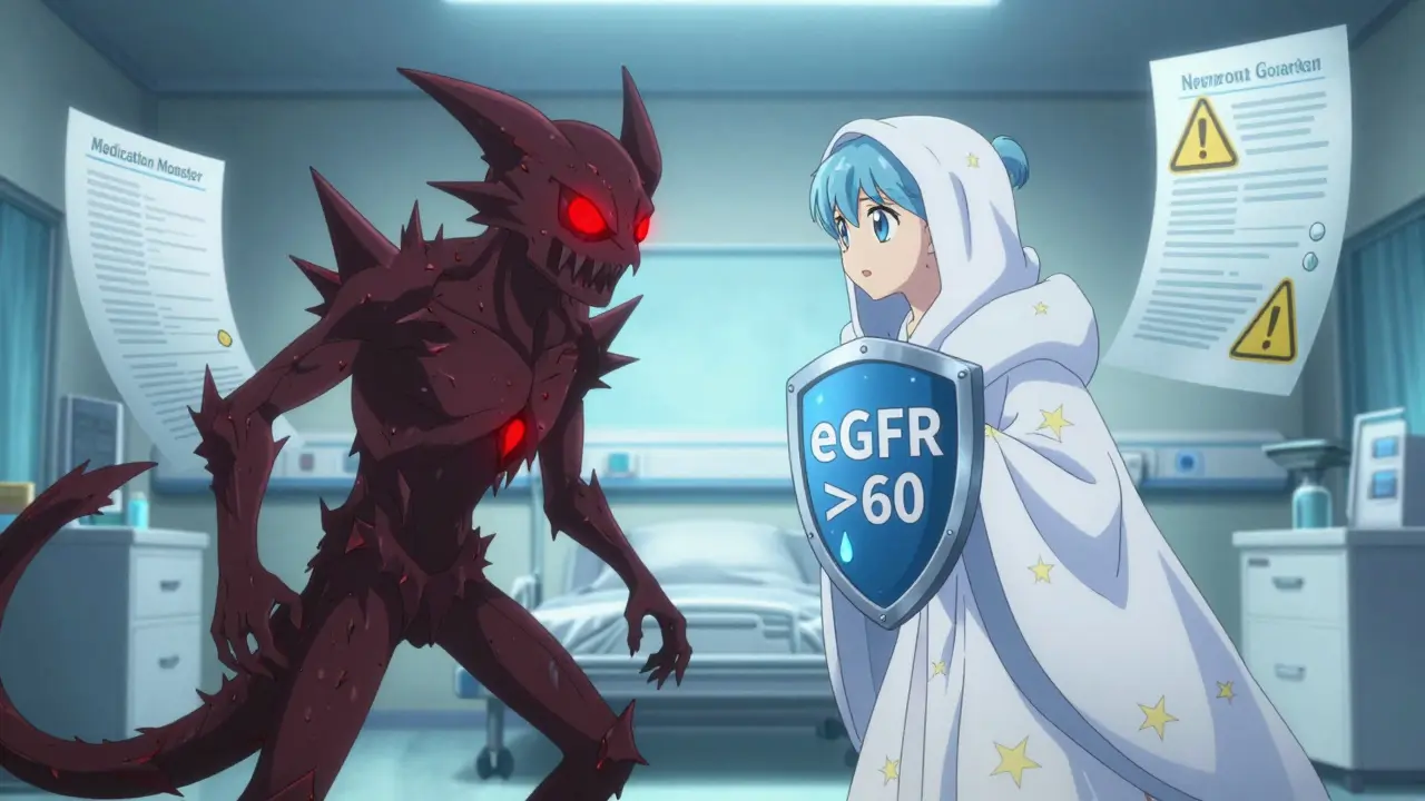 Ein Kampf zwischen einem Medikamentenmonster und einem Nierenwächter, der für sichere Dosierung steht.