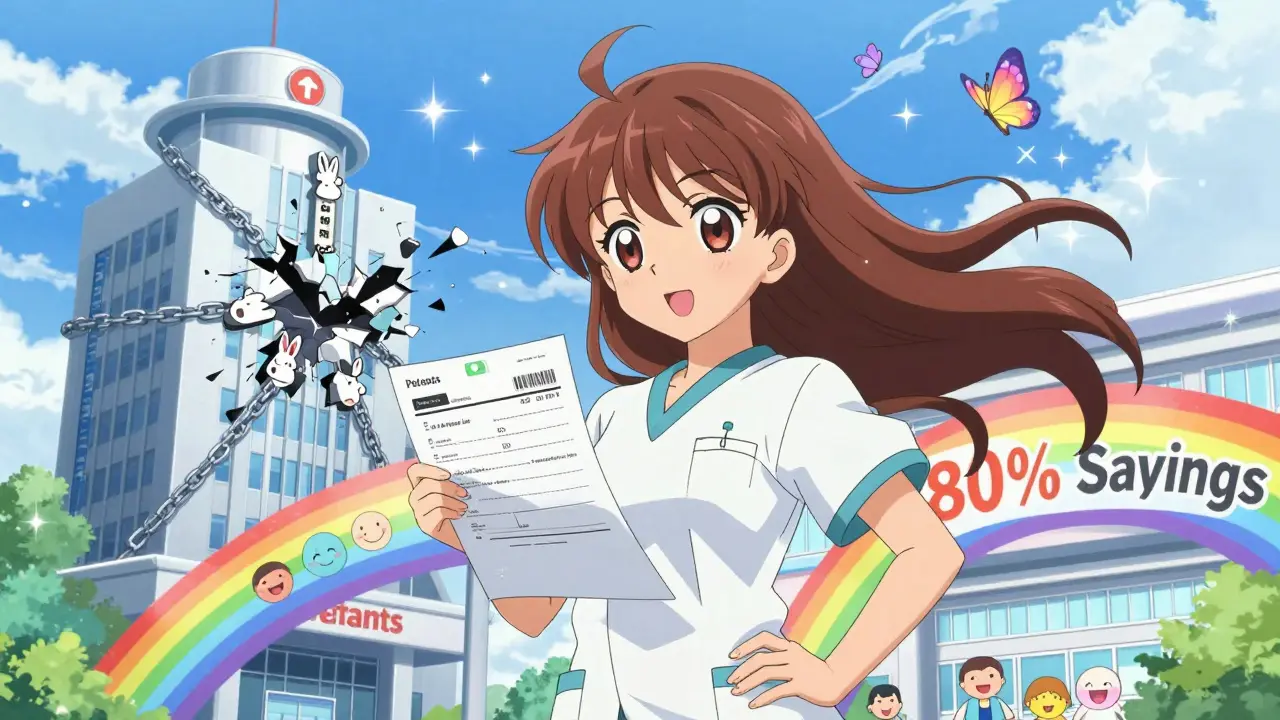 Ein Patient hält eine Biosimilar-Rezeptur, während teure Patente zerbrechen und eine Brücke der Hoffnung entsteht.