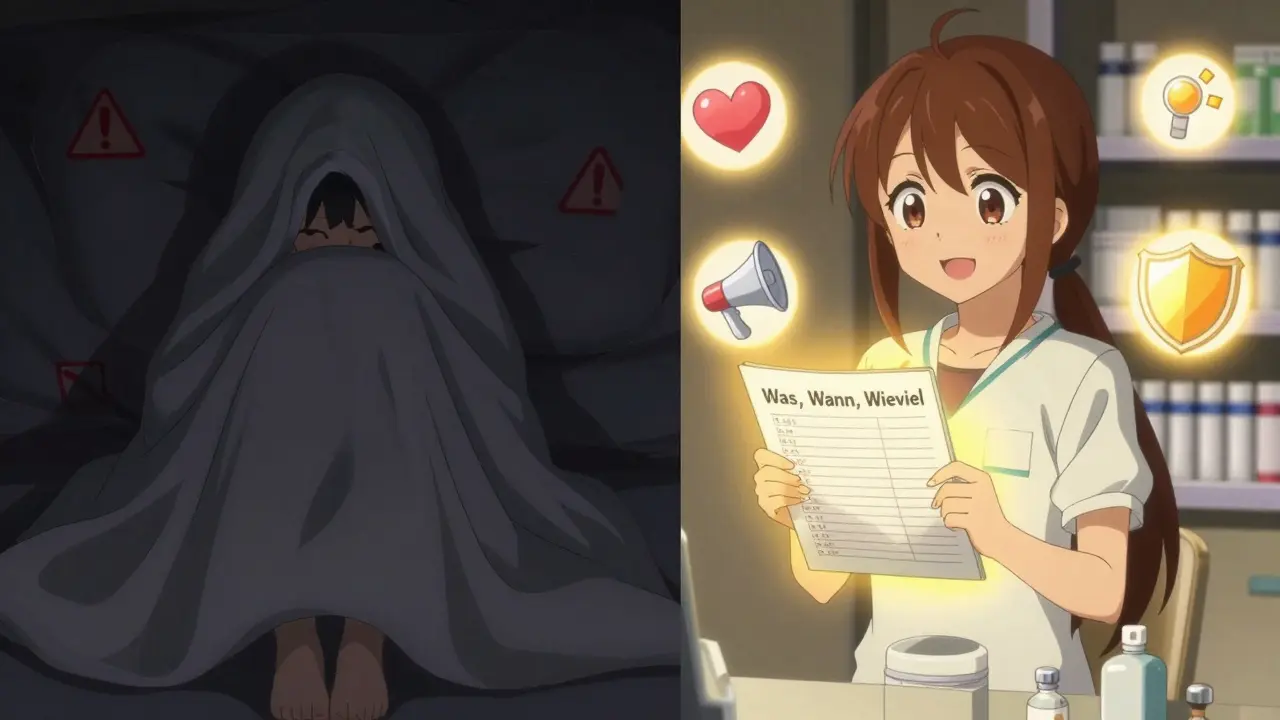 Ein Patient teilt seine Symptome mit einem Apotheker, während dunkle Schatten hinter ihm verschwinden.