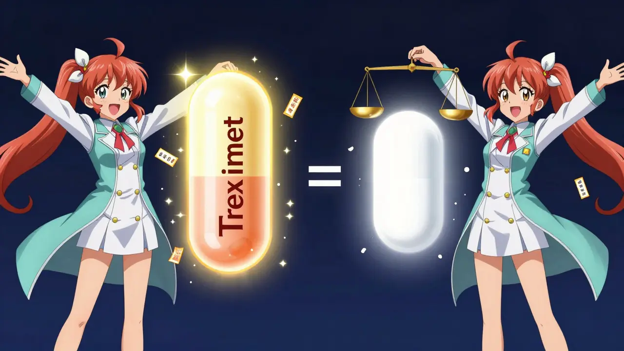 Generikum und Markenmedikament im Vergleich, beide gleich wirksam, Preisschilder zerfallen.