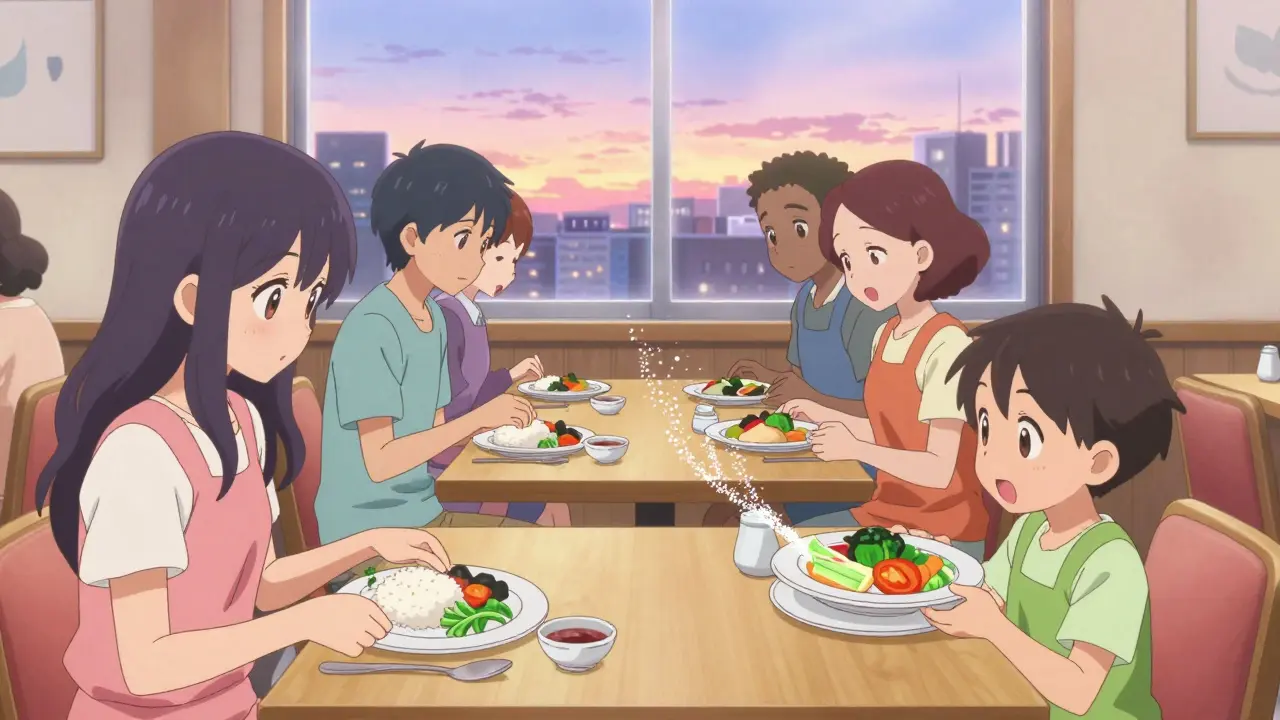 Gruppe von Menschen in einem Restaurant, die ihre Mahlzeiten nach der Tellermethode ausrichten und gesunde Optionen wählen.