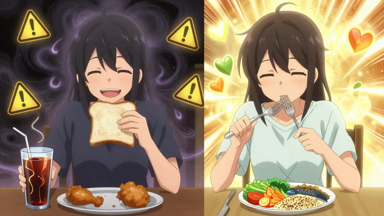 Kontrastierende Szenen: ungesunde Ernährung mit dunkler Energie vs. gesunde Ernährung mit warmem Licht und positiven Symbolen.