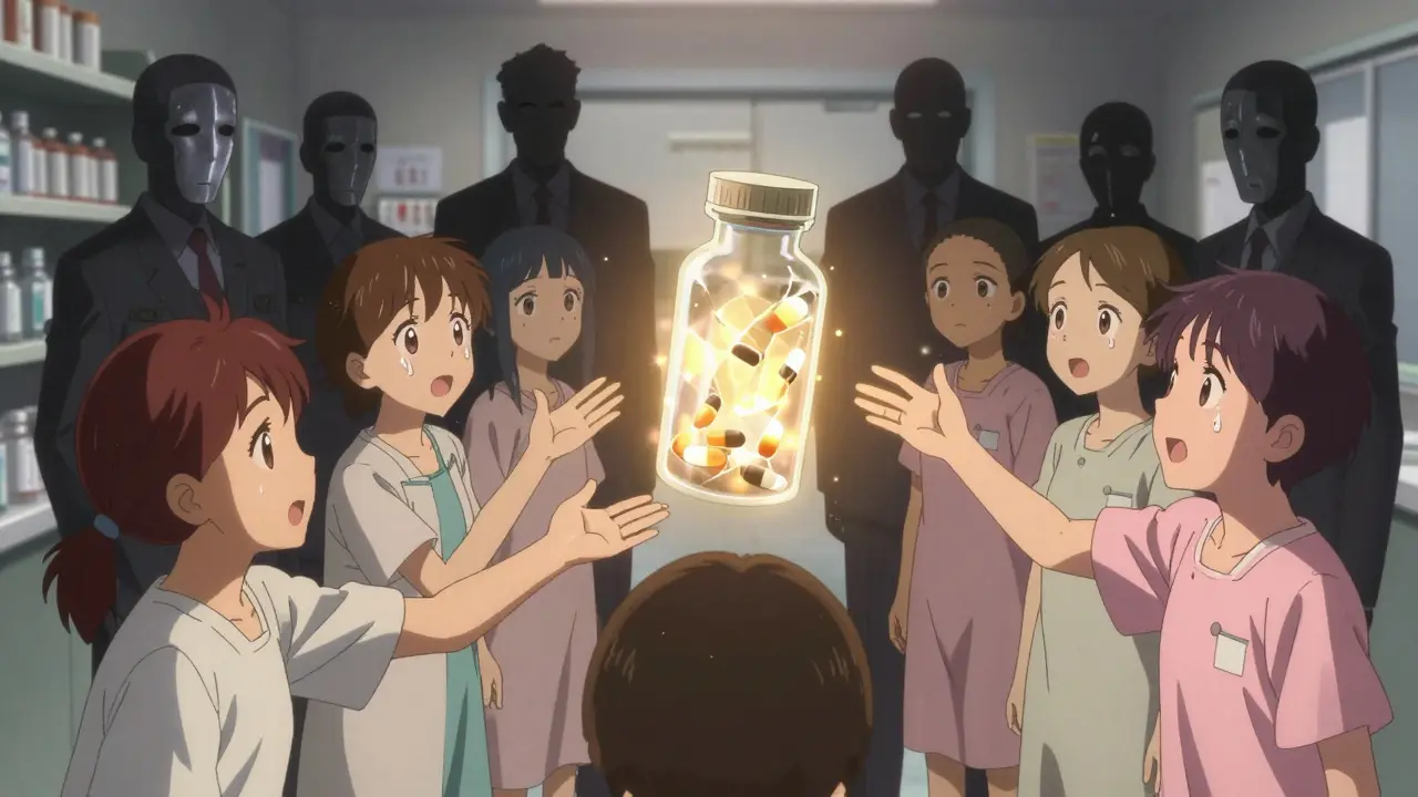 Kranke Patienten greifen nach einem zerbrochenen Medikamentenfläschchen, während unsichtbare Behörden sie zurückhalten.