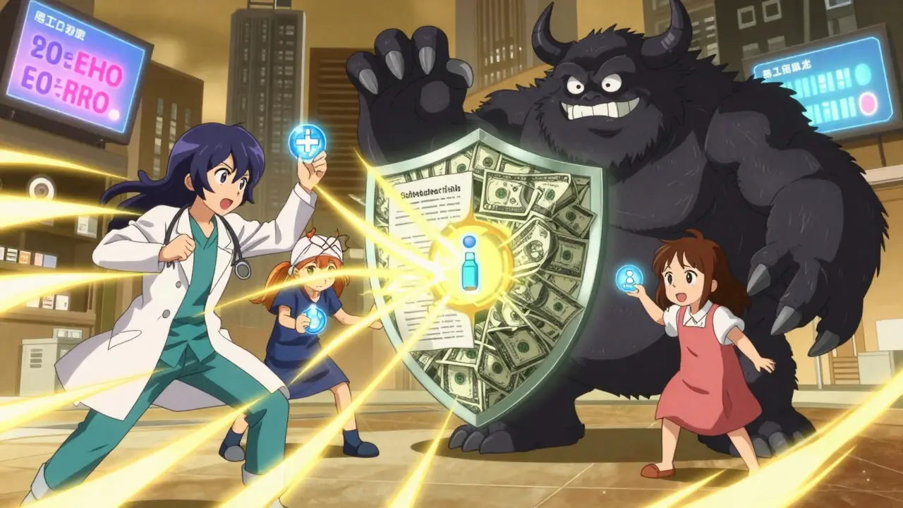 Medizinische Helden beschwören einen Schild aus Biosimilars, um einen Geldmonster aus Patenten zu besiegen.