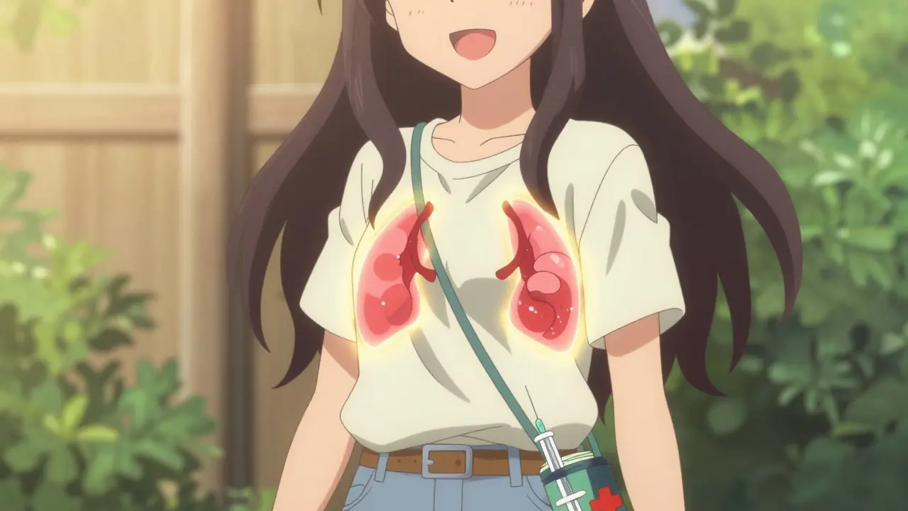 Patientin trägt Notfallspritze in Tasche, gesunde Nebennieren