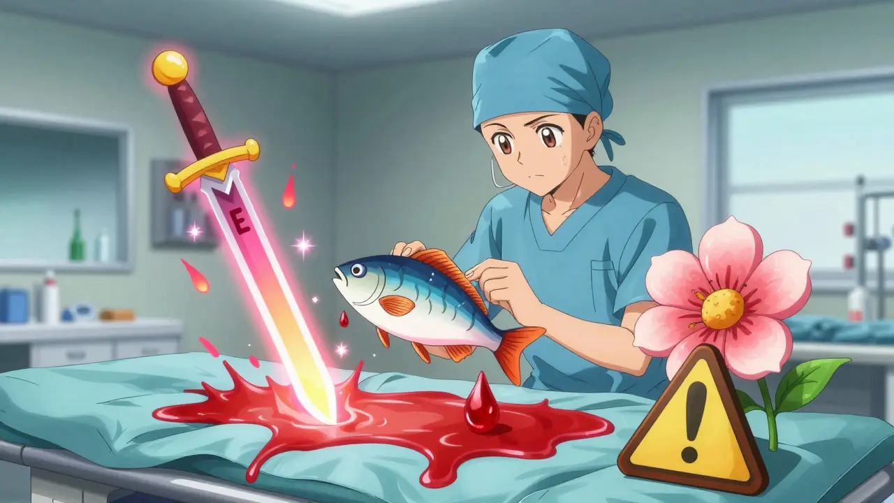 Personifizierte Supplemente auf Operationstisch mit Risikosymbolen