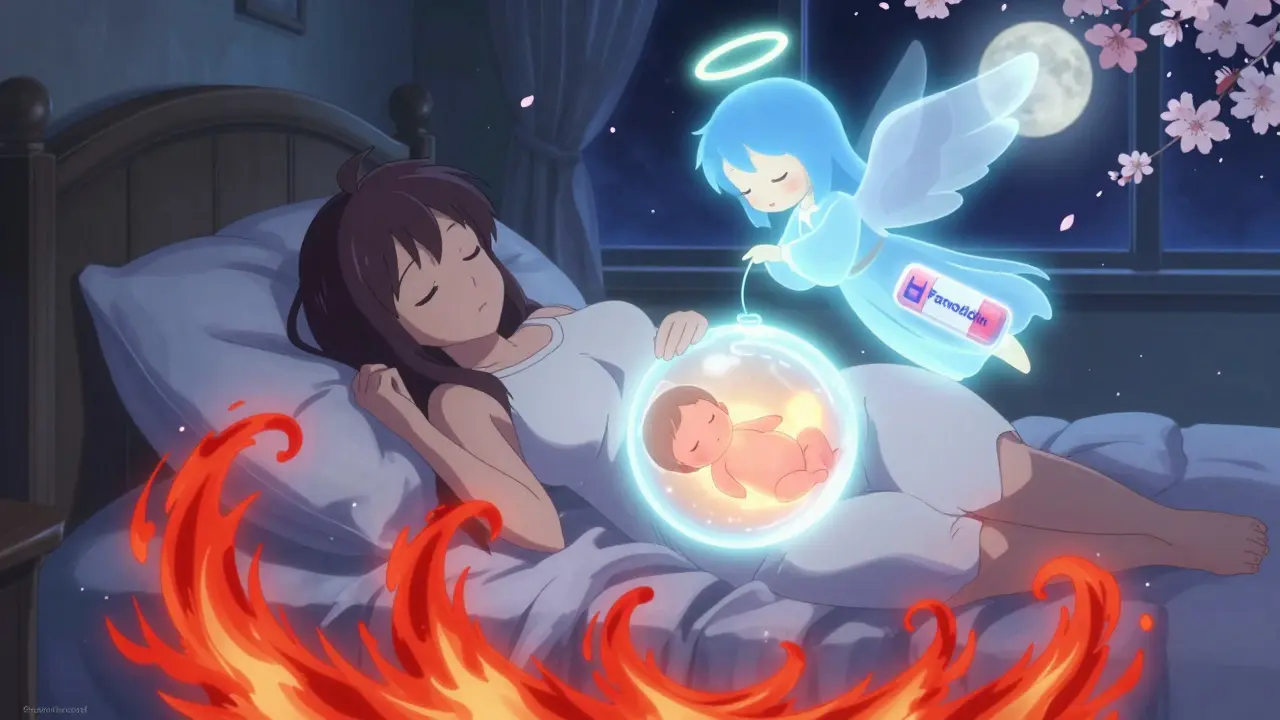 Schwangere Frau im Schlaf, mit einem schützenden blauen Energiewesen über sich, das Säurewellen abwehrt, Mondlicht und Blütenblätter im Raum.