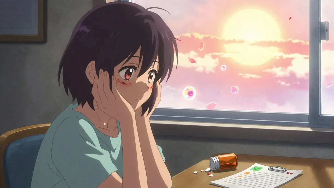 Überlebende mit sanften Narben, die im Sonnenlicht heilen, während gebrochene Pillen und ein Testbericht liegen.