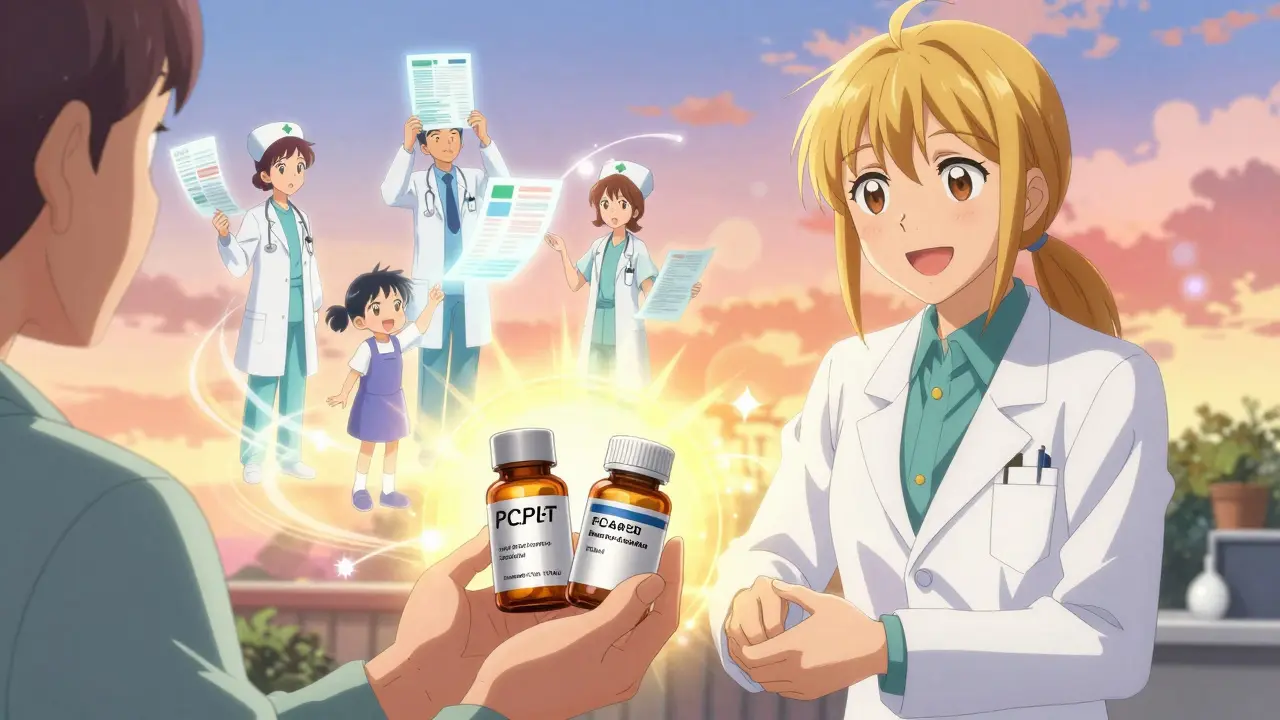 Älterer Patient erhält ein kostengünstigeres Medikament, begleitet von einem freundlichen Apotheker und einem Team aus Gesundheitsfachleuten.