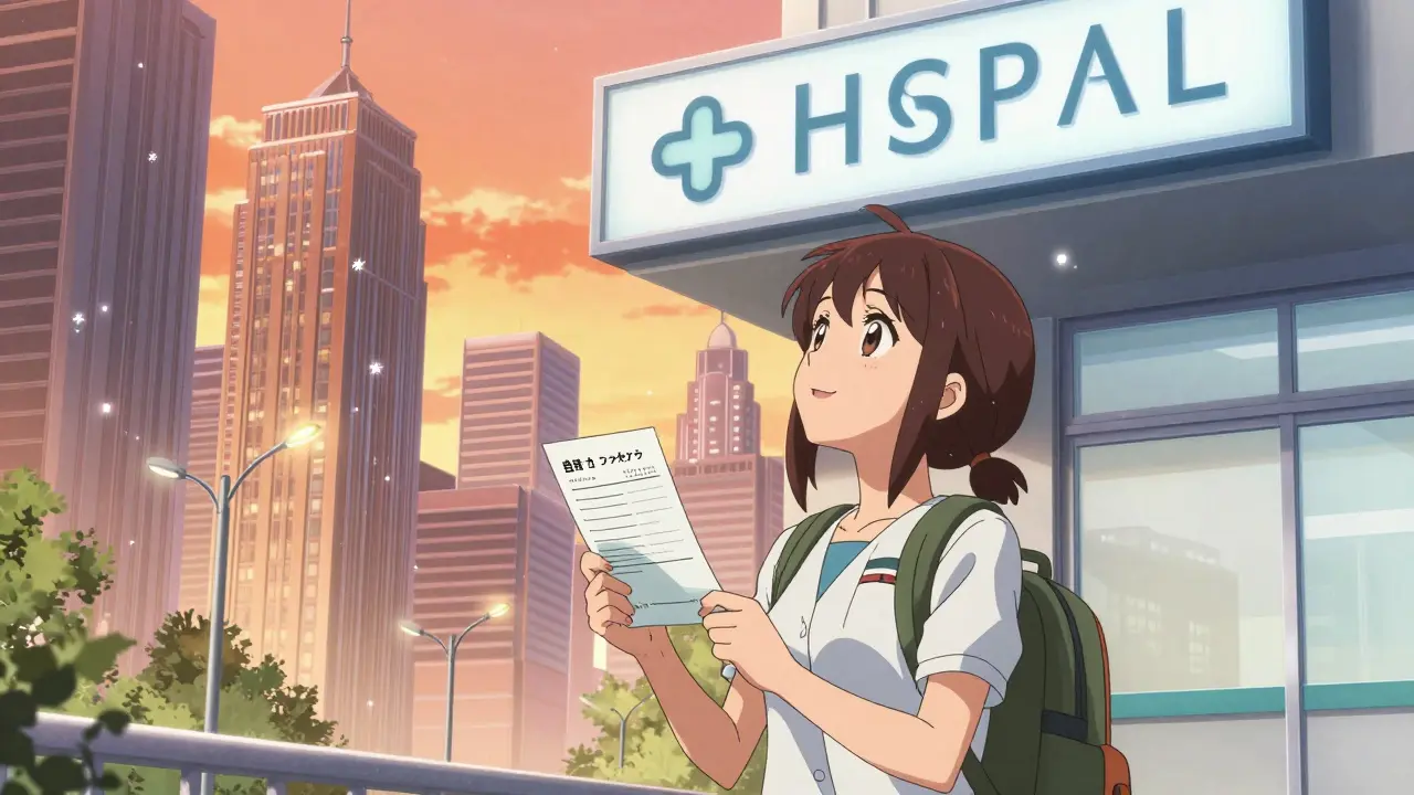 Anime-Reisende sucht in fremder Stadt Klinik für medizinische Hilfe auf.