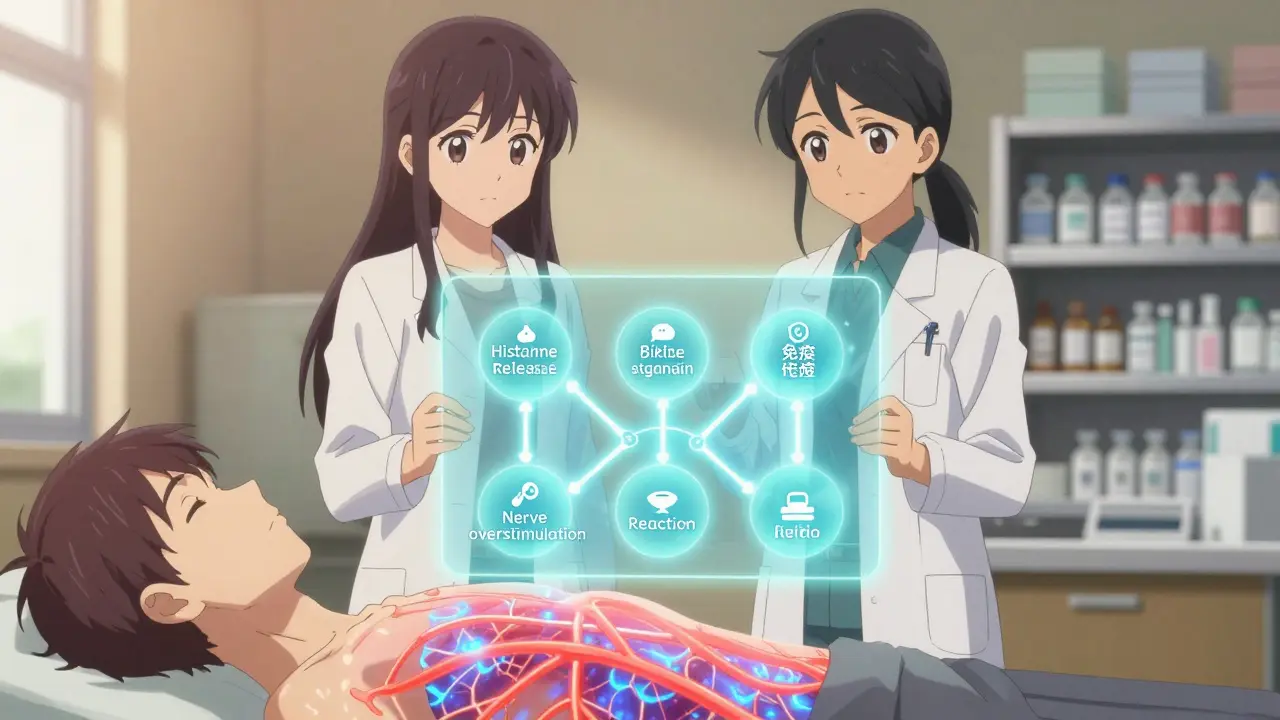 Arzt und Apotheker erklären fünf Mechanismen von Medikamenten-Juckreiz in Anime-Stil.