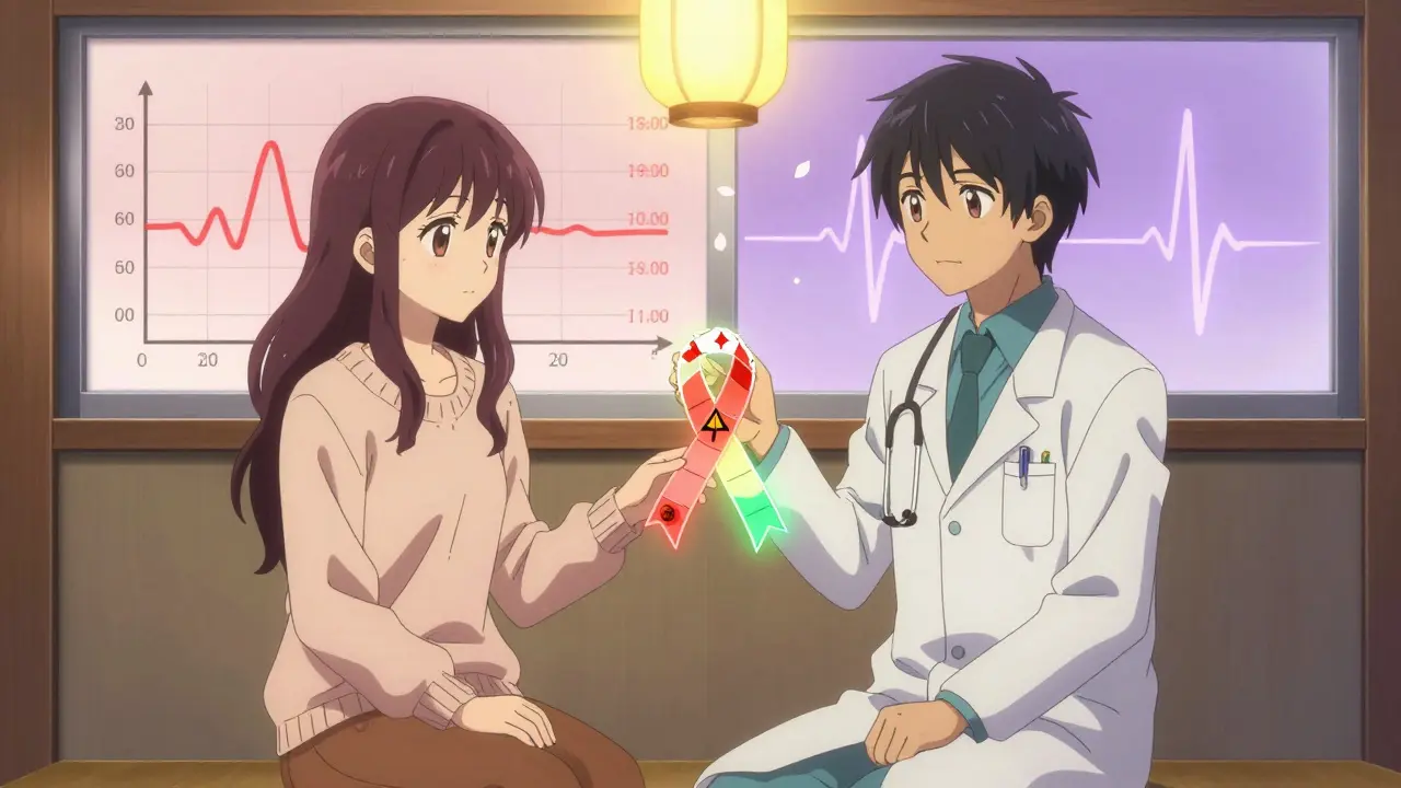 Arzt und Patient halten ein Lichtband, das Absetzplan zeigt, sanfte Farben, sakura-Blüten, ruhige Atmosphäre.