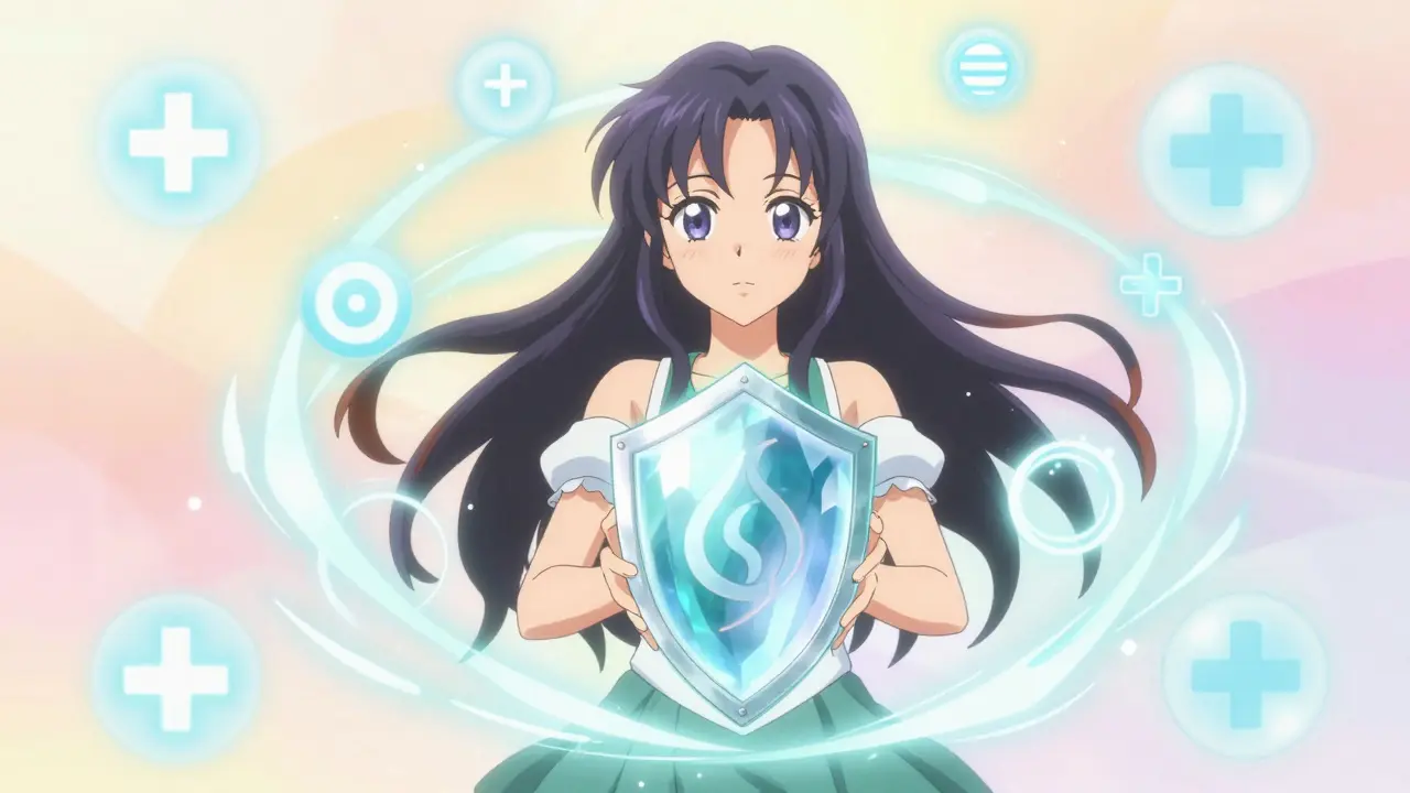 Bestärktes Mädchen hält Schutzschild für medikamentöse Sicherheit