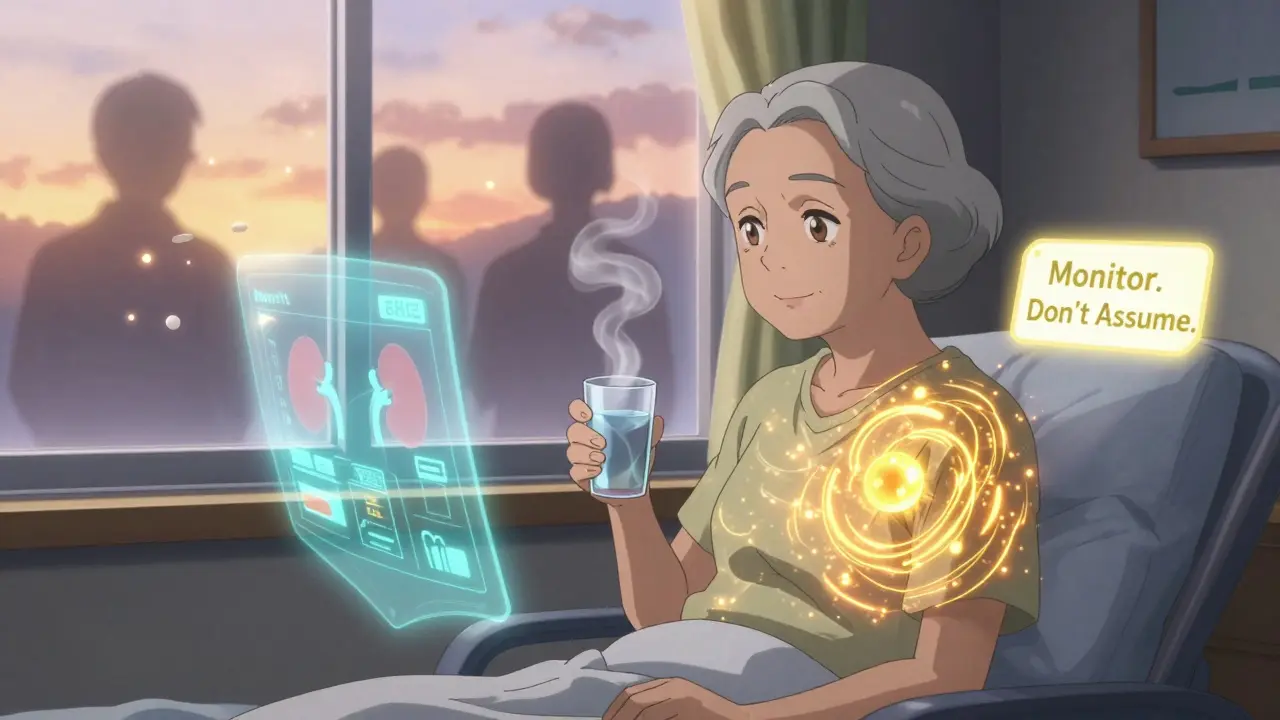 Ein älterer Patient bei Sonnenaufgang, umgeben von schützenden Lithium-Ionen und stabilen Gesundheitsdaten in der Luft.