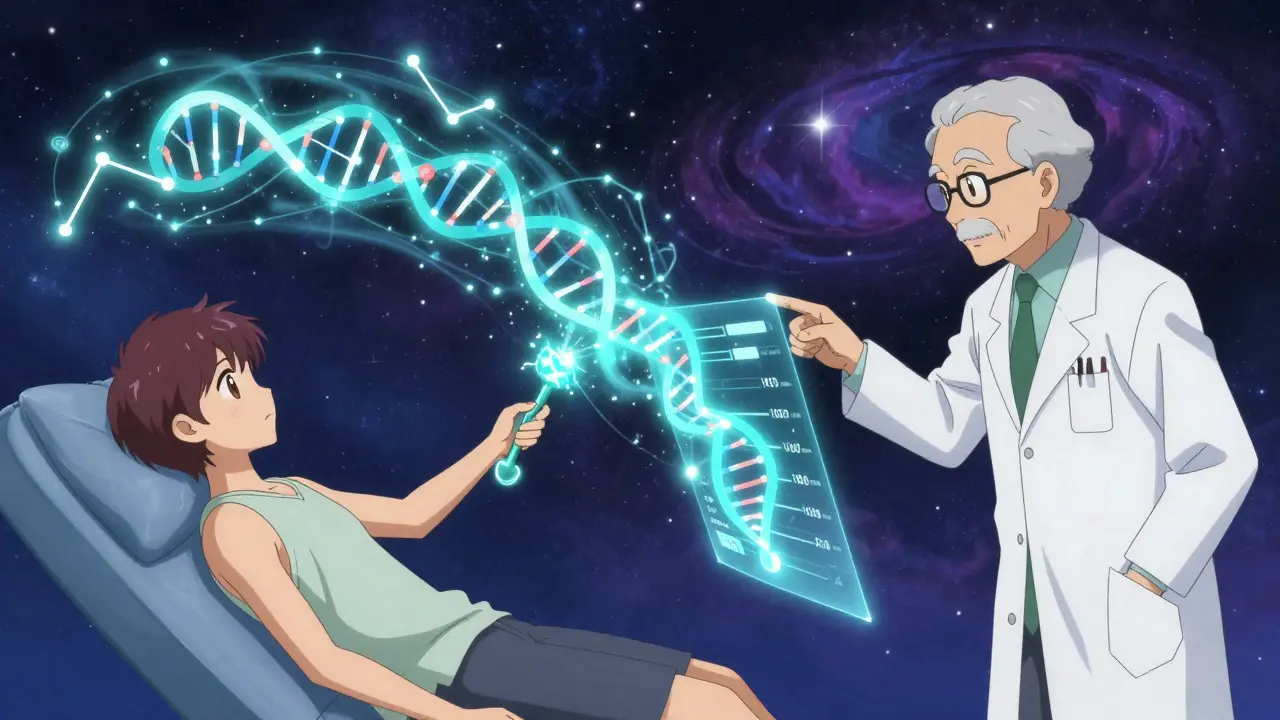 Ein DNA-Scanner verwandelt sich in einen Zauberstab und zeigt ein individuelles Screening-Profils als kosmisches Muster über einem Patienten.