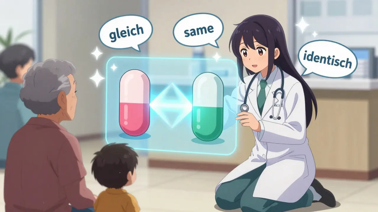 Eine Apothekerin erklärt einem älteren Patienten und einer Migrantfamilie mit einem leuchtenden visuellen Hilfsmittel, wie Generika und Markenmedikamente gleich sind.