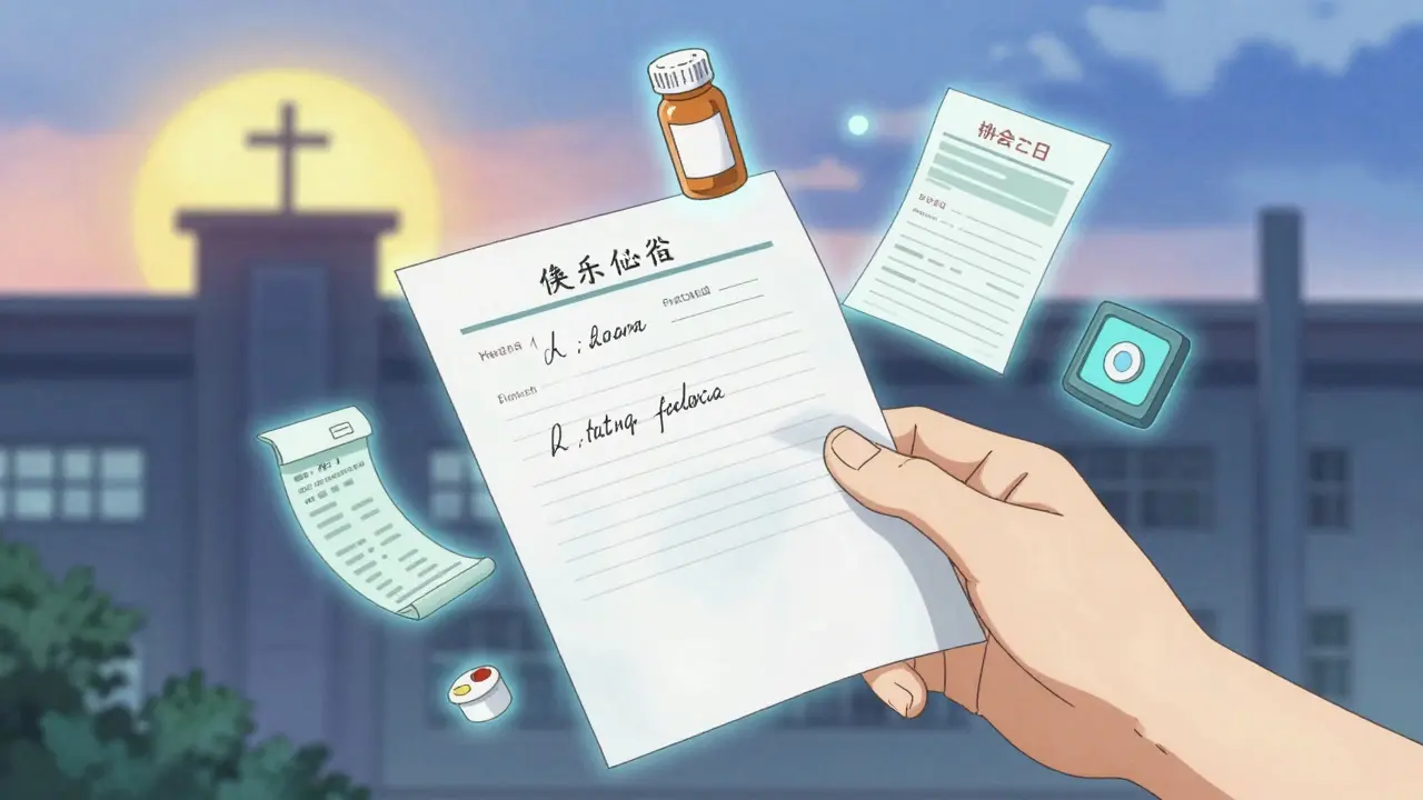 Eine Hand hält Dokumente und Beweise, die von schützendem Licht umgeben sind, im Hintergrund ein Krankenhaus bei Sonnenaufgang.