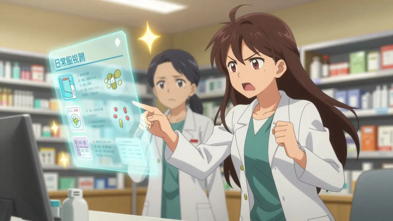 Eine Patientin spricht mit einer Apothekerin, während ein holografischer Vergleich von Medikamenten in der Luft schwebt.